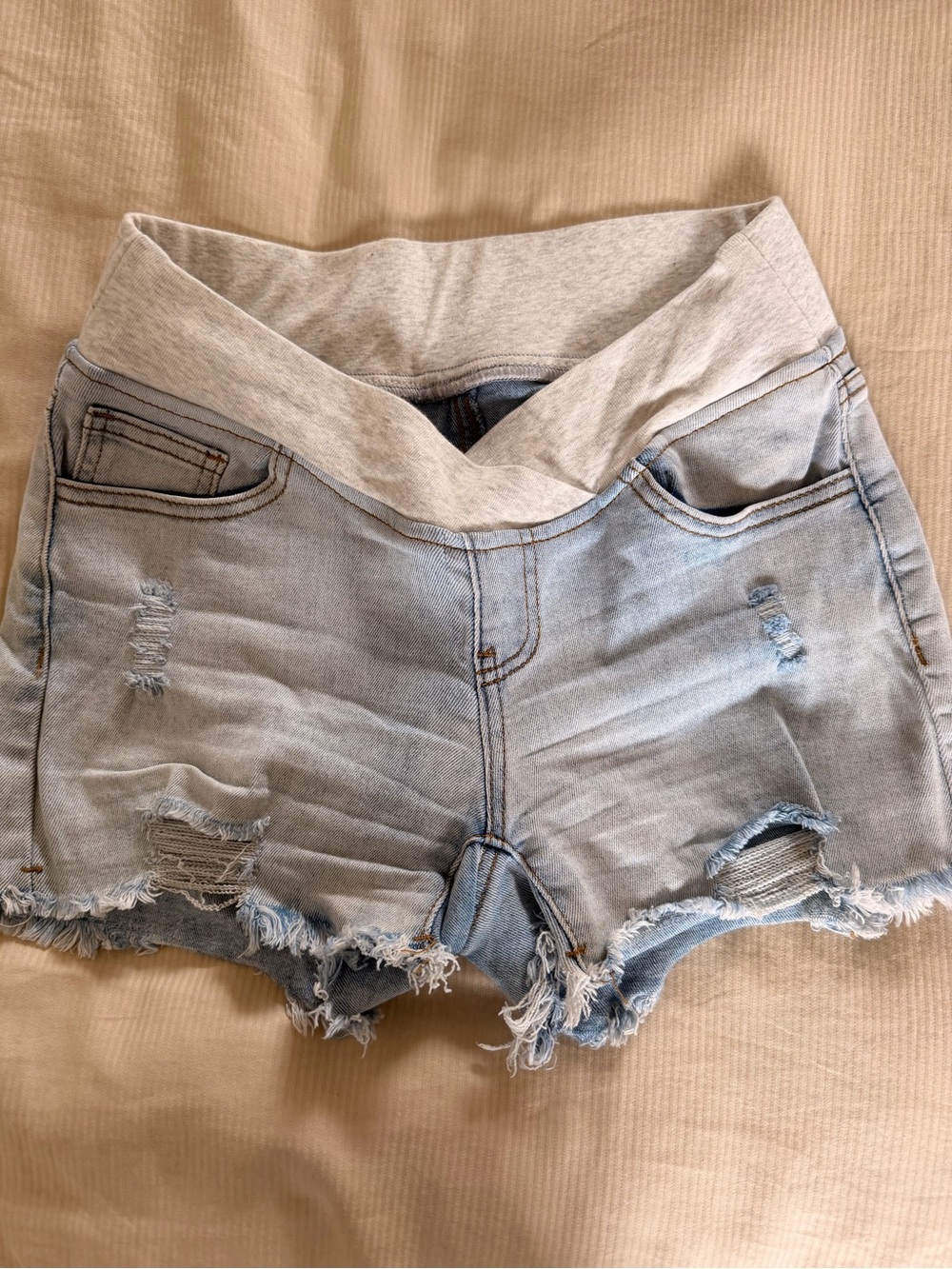Light Blue Maternity Distressed Denim Shorts with Elastic Waistband